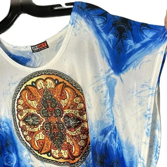 Vtg Y2K SPORT  WORLD BLUE tunic,women one size,blue,shirred,beads,boho,coastal - Picture 3 of 10